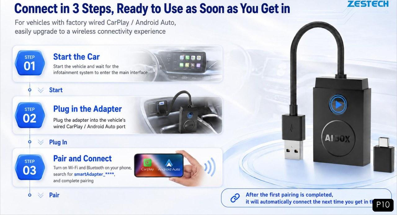 Connect in 3 steps: start the car, plug in the adapter, pair and connect