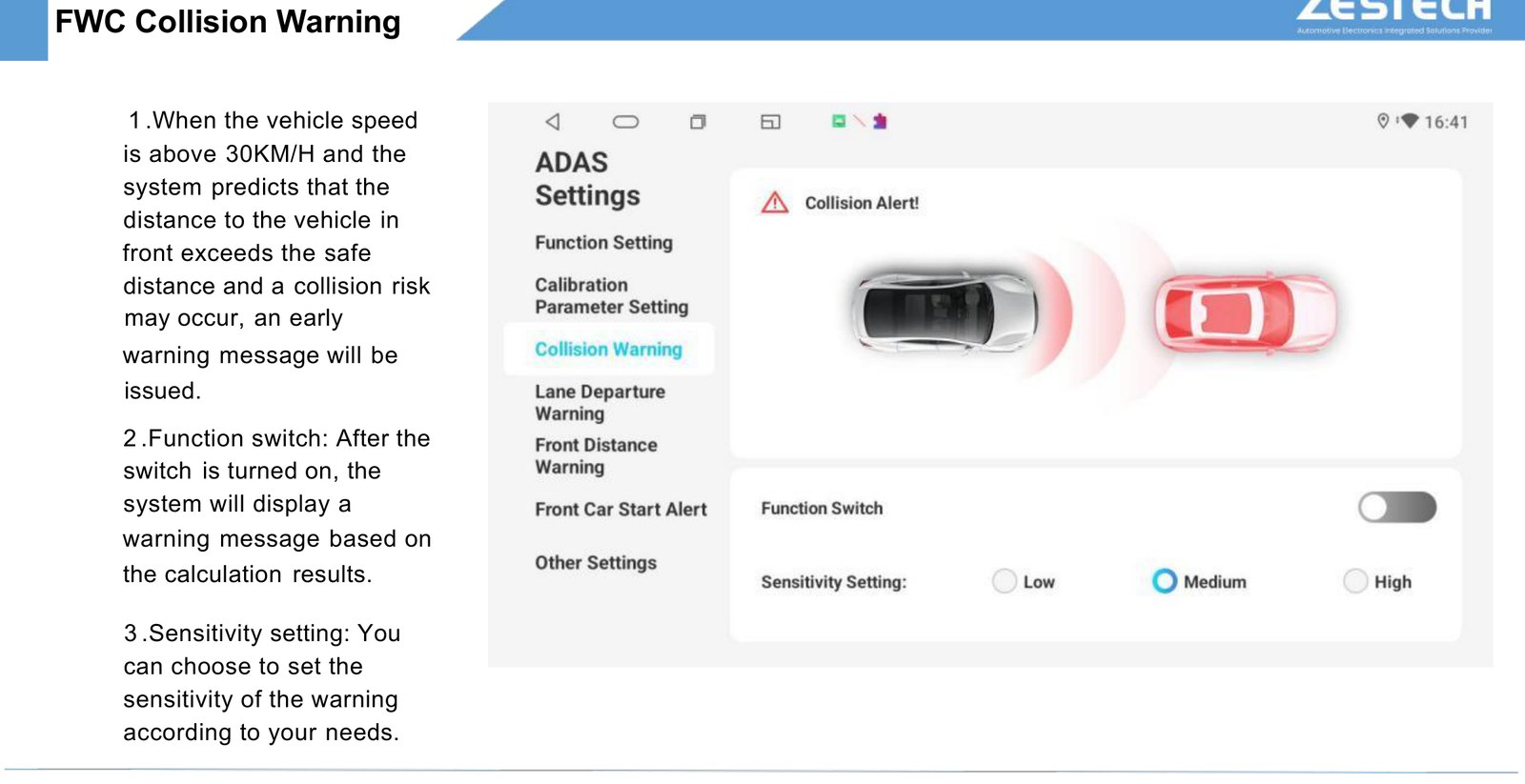FCW forward collision warning on the ZESTECH head unit